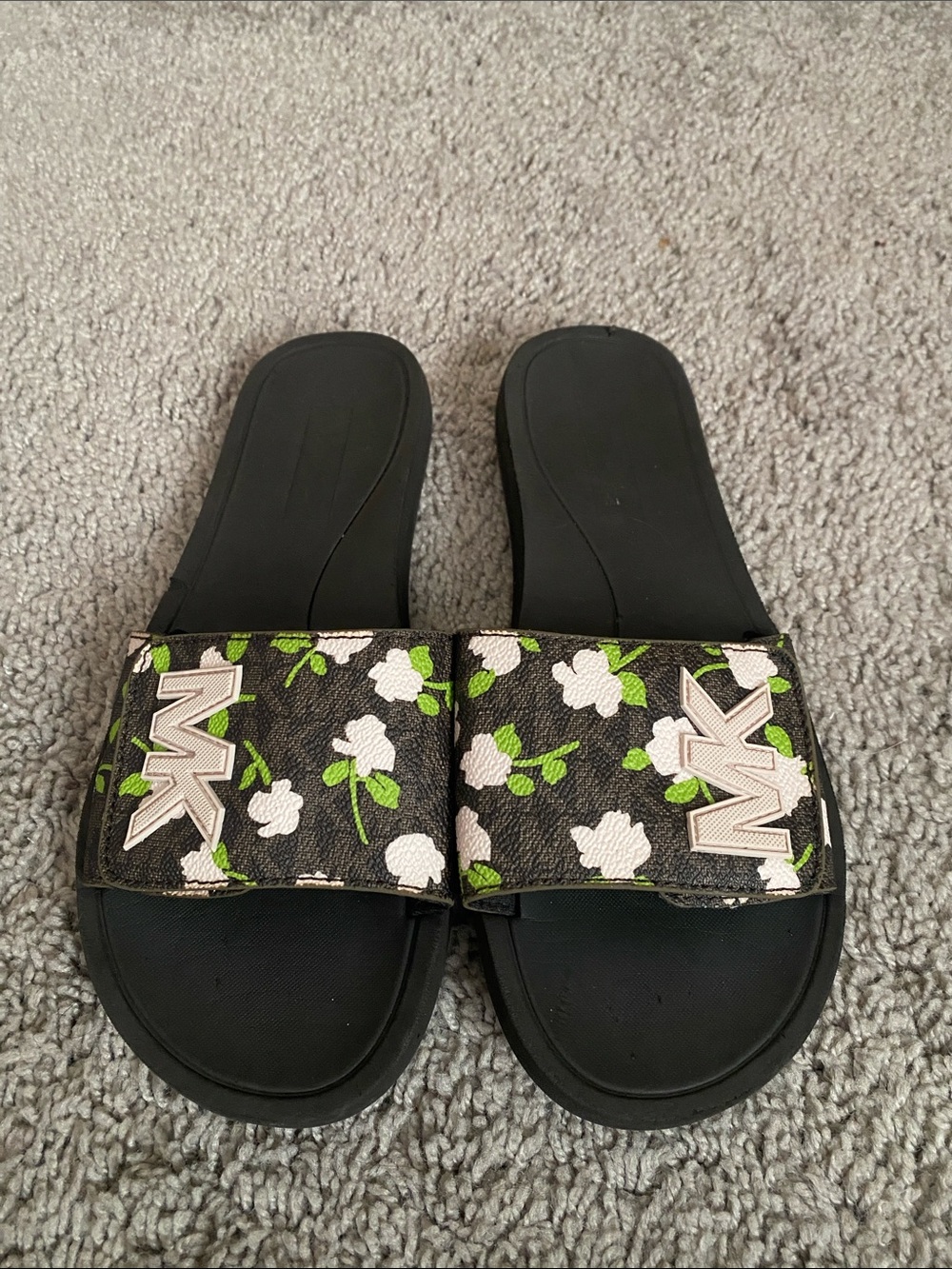 Michael Kors Black Floral MK Logo Slide Sandals